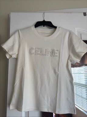 Celine Cream Logo Embellished Short Sleeve Tee